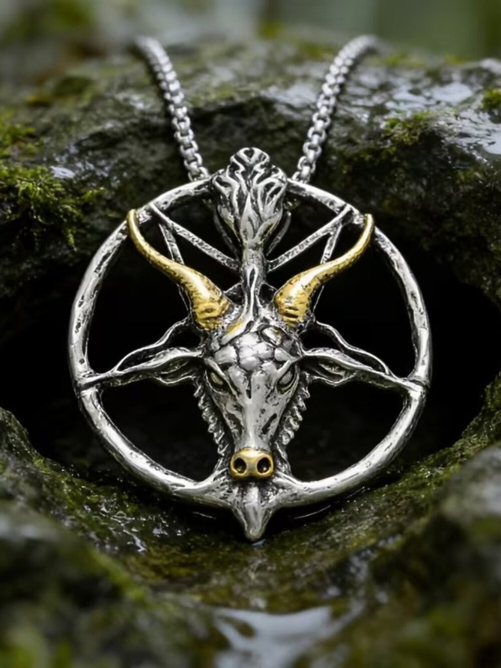 Vintage Style Goth Halloween Punk Inverted Pentagram Goat Pagan Necklace